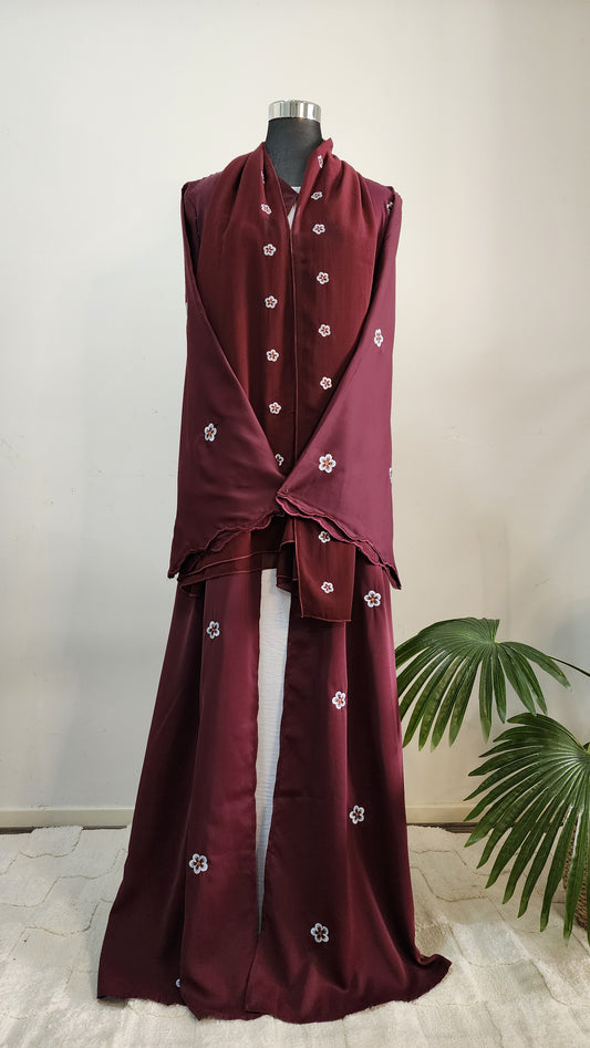 Elegant Maroon Embroidered Abaya Set with Matching Hijab
