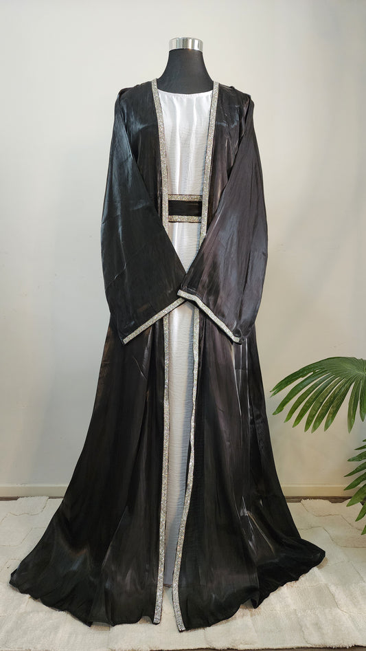 Luxury Black Abaya with Silver Embellished Trim – Formal Modest Wear