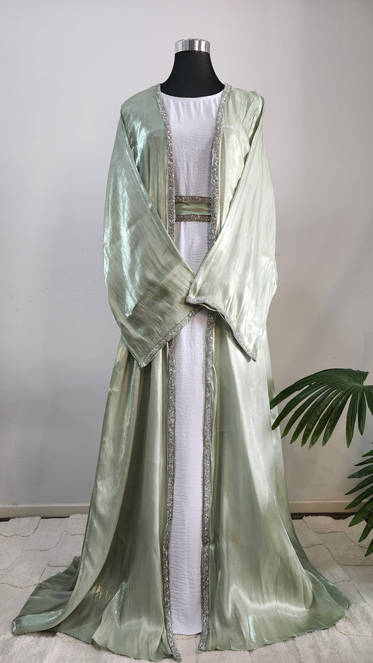 Luxury Light Green Abaya with Silver Embellished Trim – Formal Modest Wear