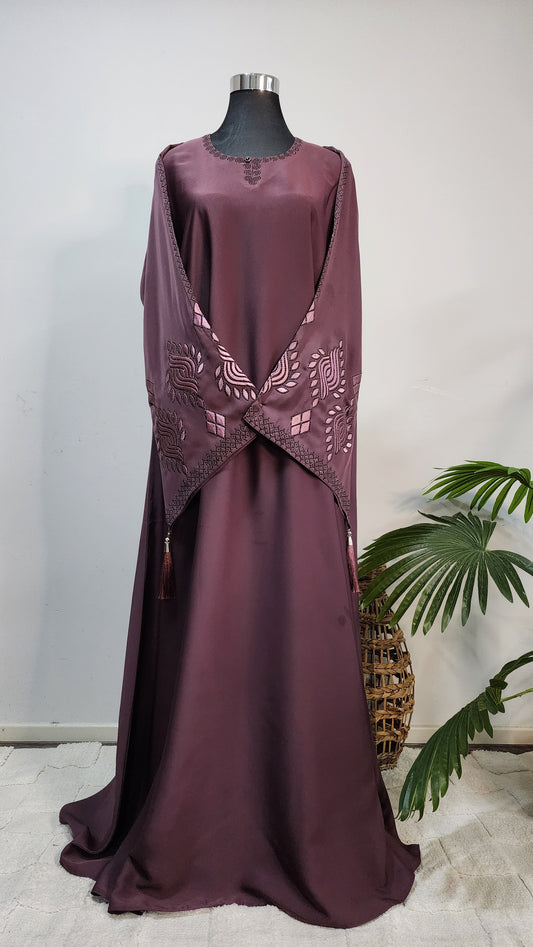 Mauve Embroidered Abaya – Elegant Modest Wear with Tassel Detailing