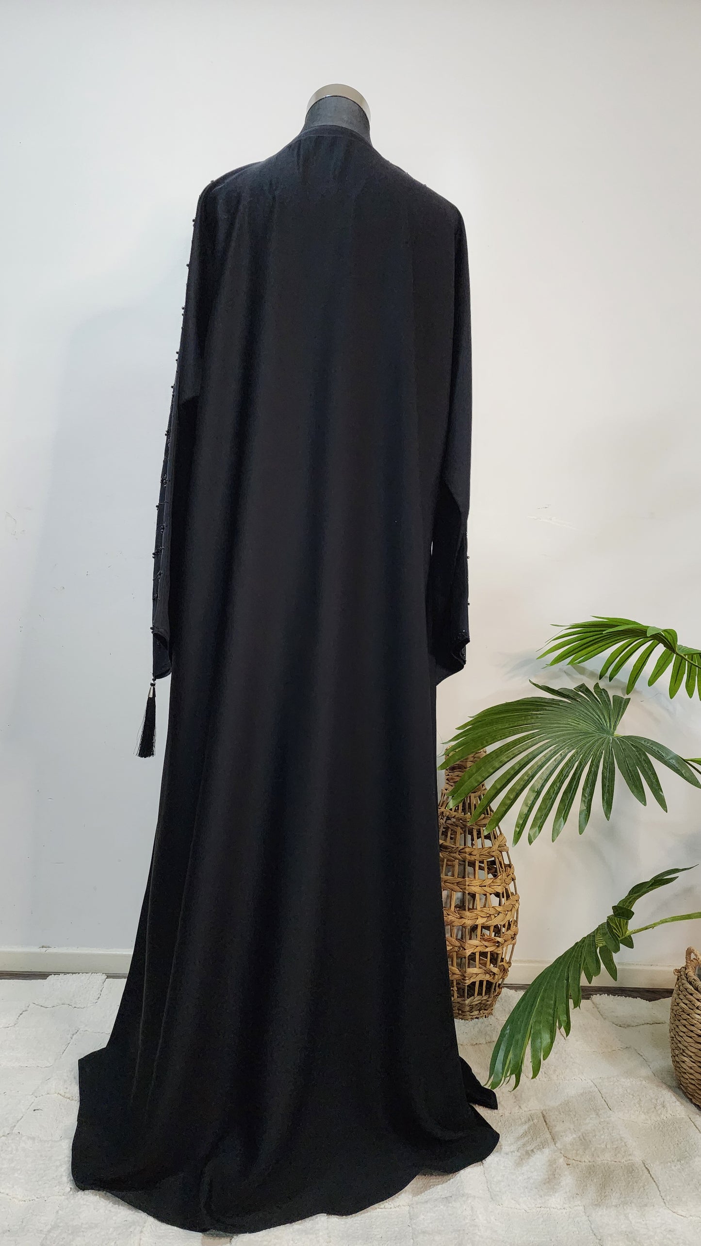 Black Beaded Abaya – Elegant Modest Wear with Tassel Detailing