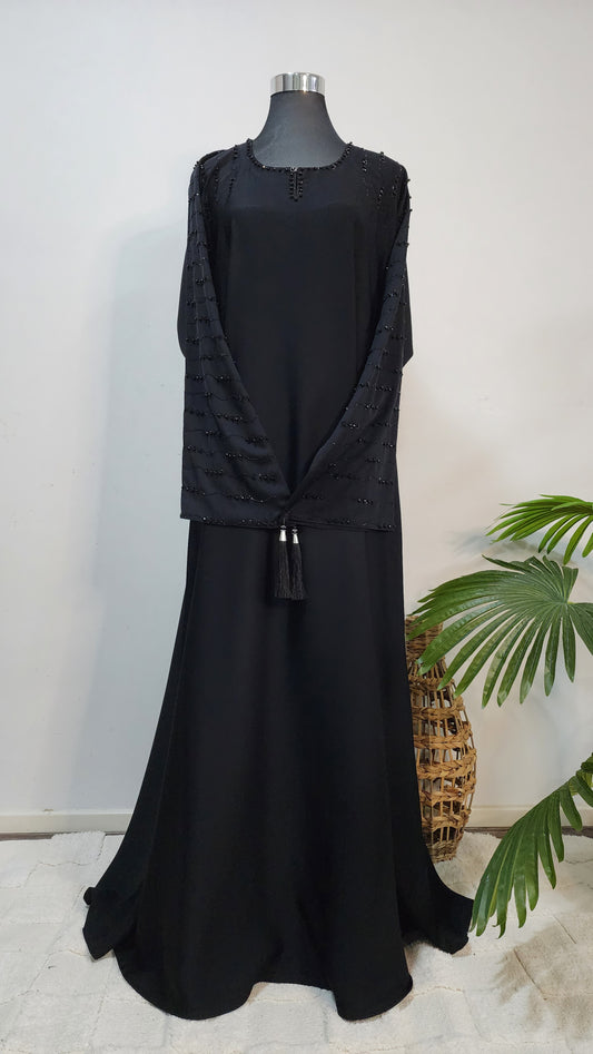Black Beaded Abaya – Elegant Modest Wear with Tassel Detailing