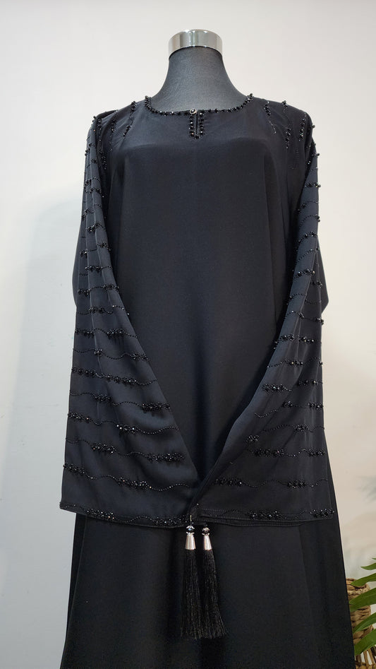 Black Beaded Abaya – Elegant Modest Wear with Tassel Detailing