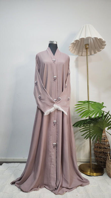 Lavender Embroidered Abaya with White Scarf – Elegant Modest Outfit