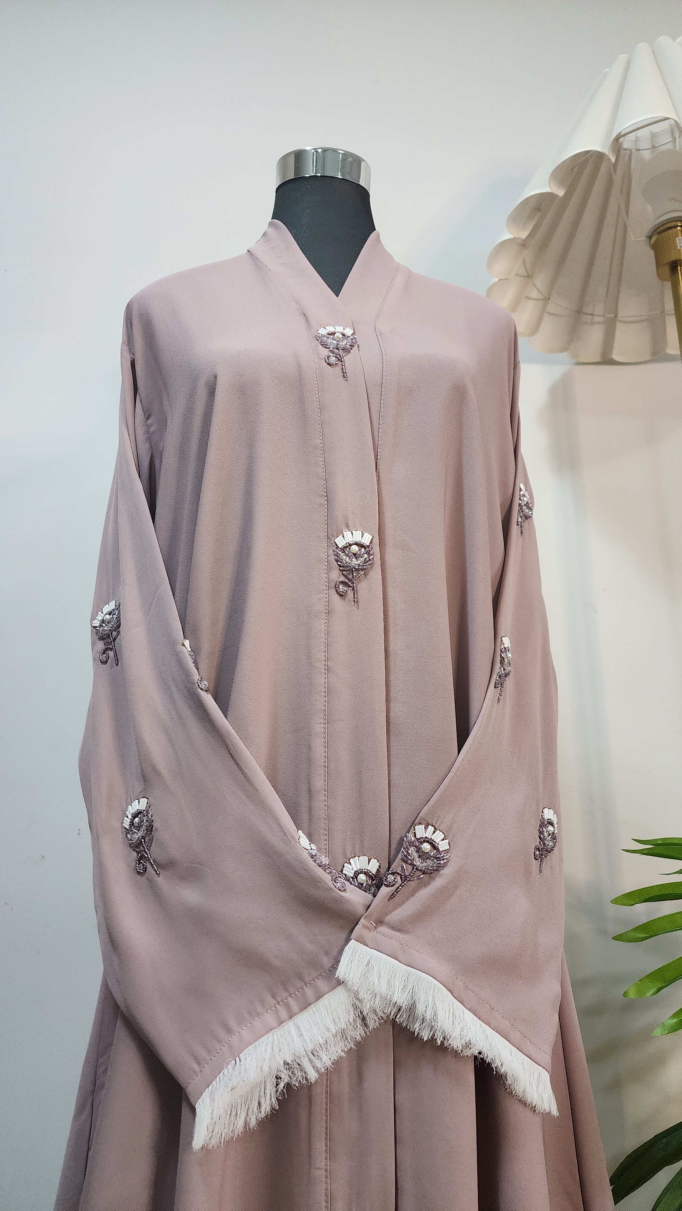 Lavender Embroidered Abaya with White Scarf – Elegant Modest Outfit