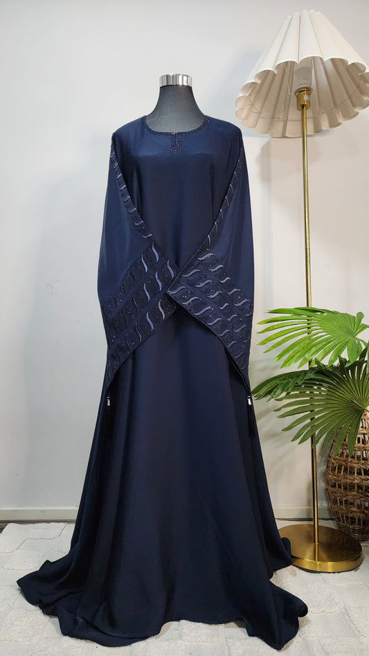 Navy Blue Embellished and Embroidered Abaya – Elegant Modest Wear with Beaded Detailing