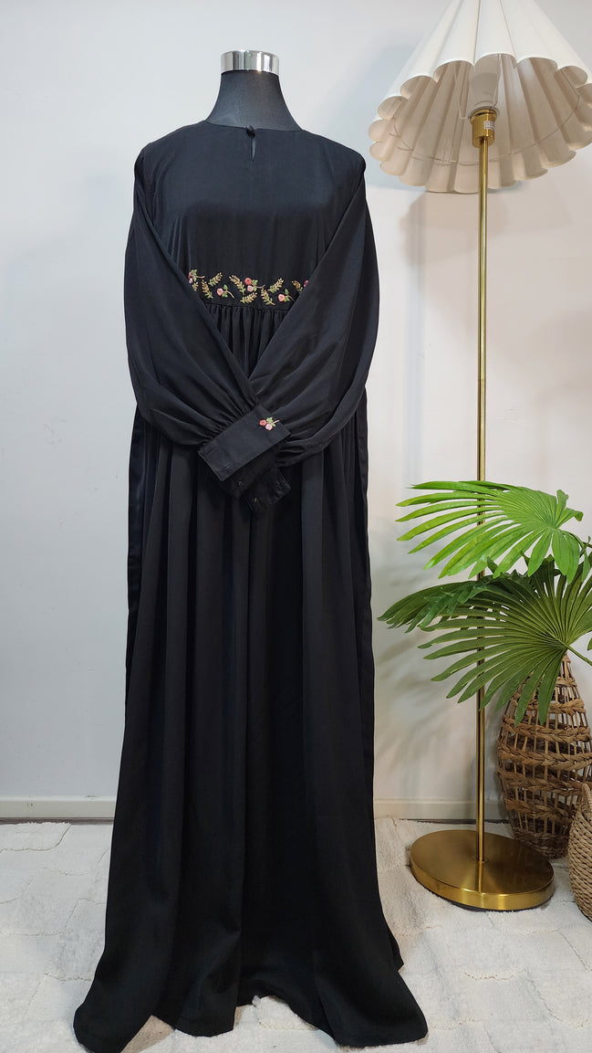 Black Hand Embroidered Abaya – Elegant Modest Wear with Waist and Cuff Detailing