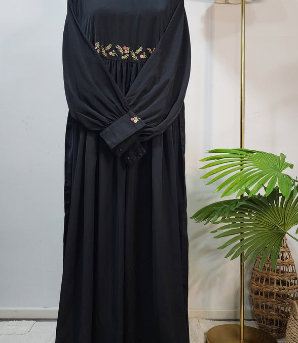 Black Hand Embroidered Abaya – Elegant Modest Wear with Waist and Cuff Detailing