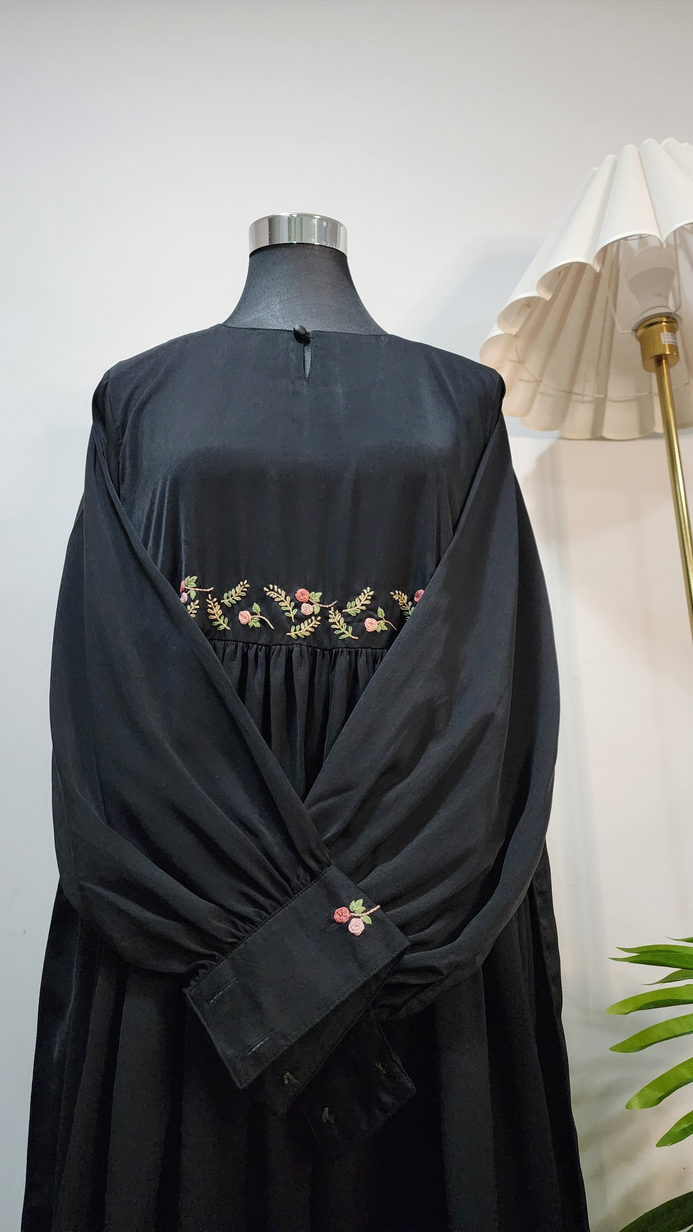 Black Hand Embroidered Abaya – Elegant Modest Wear with Waist and Cuff Detailing
