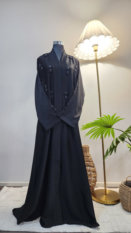 Black Beaded Front Open Abaya – Elegant Modest Wear with Hand Embellishments