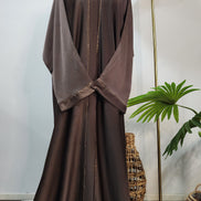 Chocolate Brown Front Open Abaya – Minimal Elegant Design with Subtle Beaded Accents