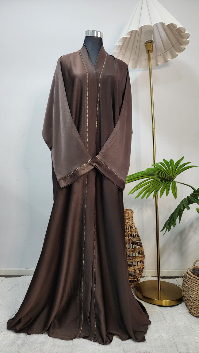 Chocolate Brown Front Open Abaya – Minimal Elegant Design with Subtle Beaded Accents