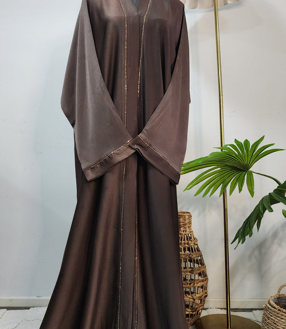 Chocolate Brown Front Open Abaya – Minimal Elegant Design with Subtle Beaded Accents