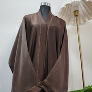 Chocolate Brown Front Open Abaya – Minimal Elegant Design with Subtle Beaded Accents