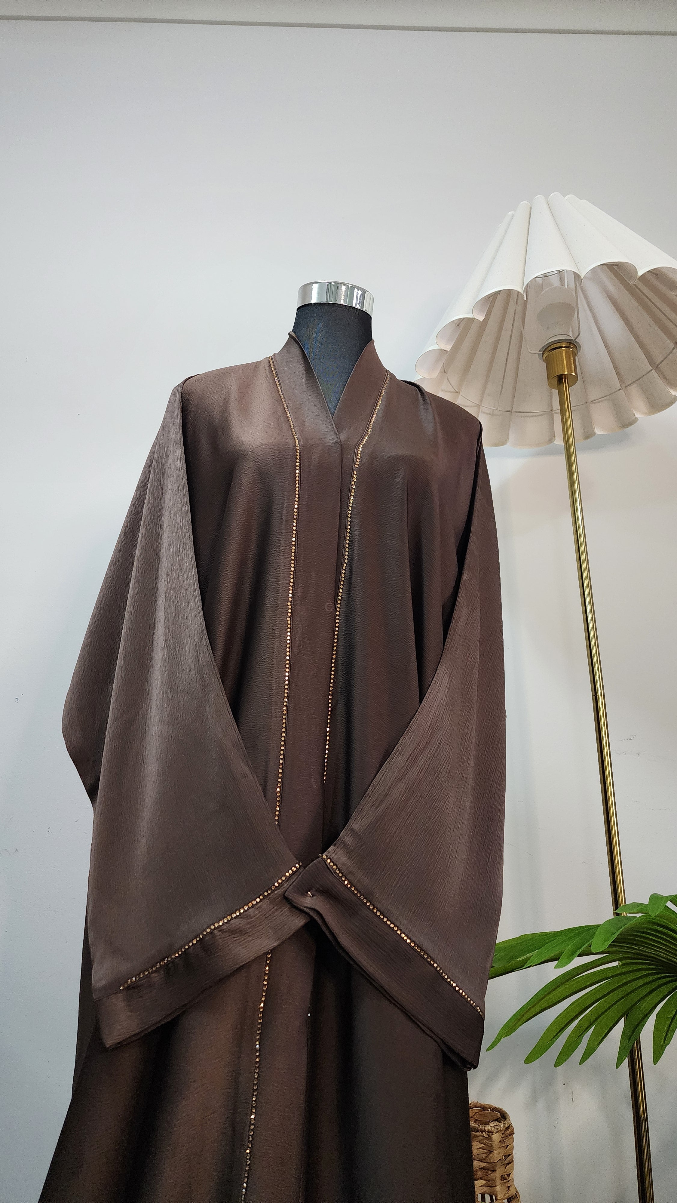 Chocolate Brown Front Open Abaya – Minimal Elegant Design with Subtle Beaded Accents
