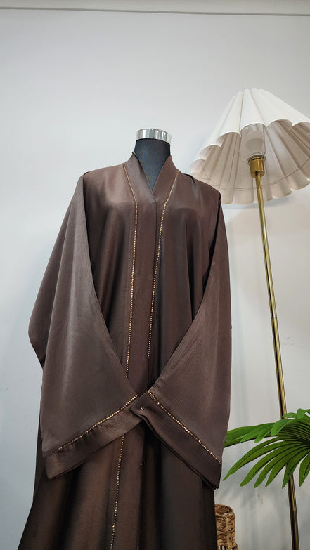 Chocolate Brown Front Open Abaya – Minimal Elegant Design with Subtle Beaded Accents