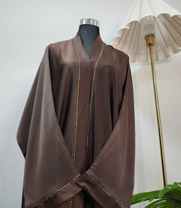 Chocolate Brown Front Open Abaya – Minimal Elegant Design with Subtle Beaded Accents