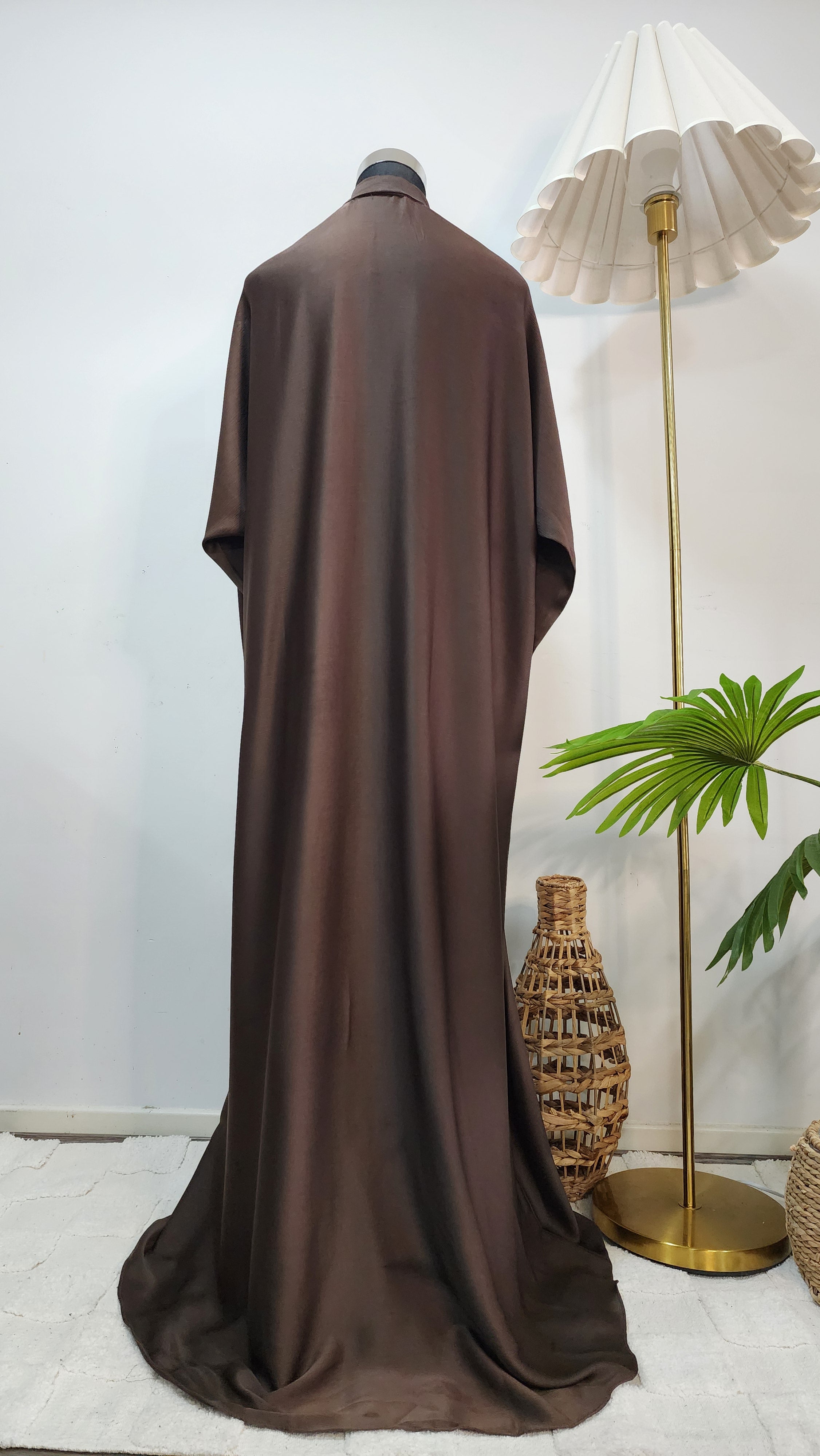 Chocolate Brown Front Open Abaya – Minimal Elegant Design with Subtle Beaded Accents