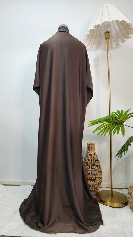 Chocolate Brown Front Open Abaya – Minimal Elegant Design with Subtle Beaded Accents