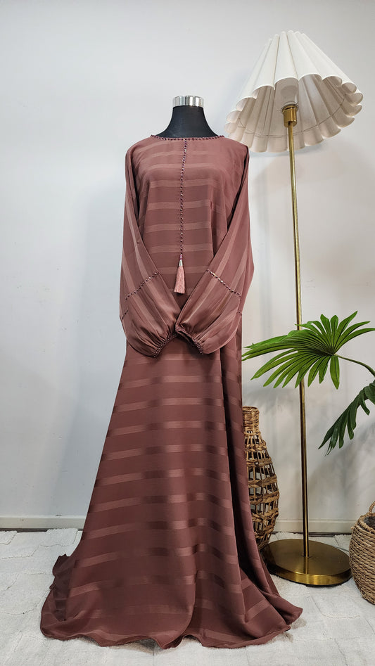 Rosewood Striped Abaya – Elegant Modest Wear with Beaded Tassel Detailing