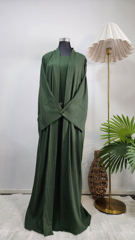 Army Green Two-Piece Linen Abaya Set – Modest Wear with Inner Dress and Open Abaya