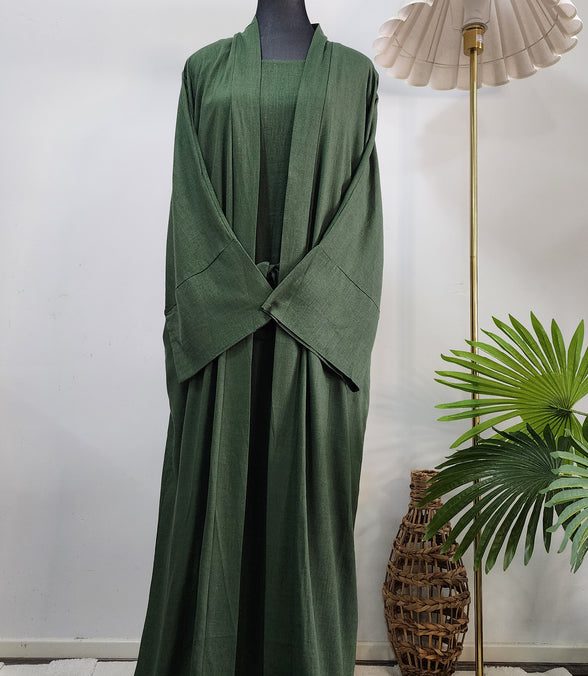 Army Green Two-Piece Linen Abaya Set – Modest Wear with Inner Dress and Open Abaya