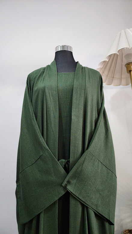 Army Green Two-Piece Linen Abaya Set – Modest Wear with Inner Dress and Open Abaya