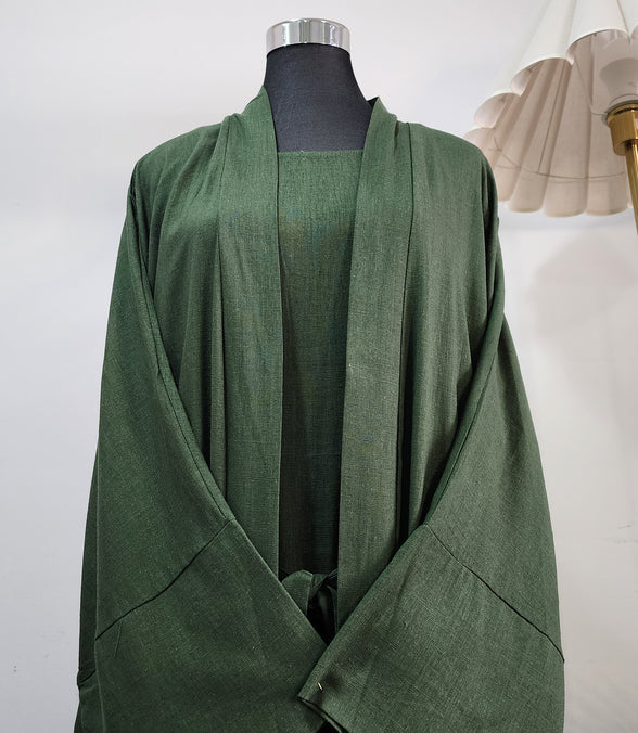 Army Green Two-Piece Linen Abaya Set – Modest Wear with Inner Dress and Open Abaya