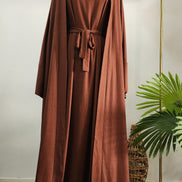 Coffee Two-Piece Linen Abaya Set – Modest Wear with Inner Dress & Open Abaya