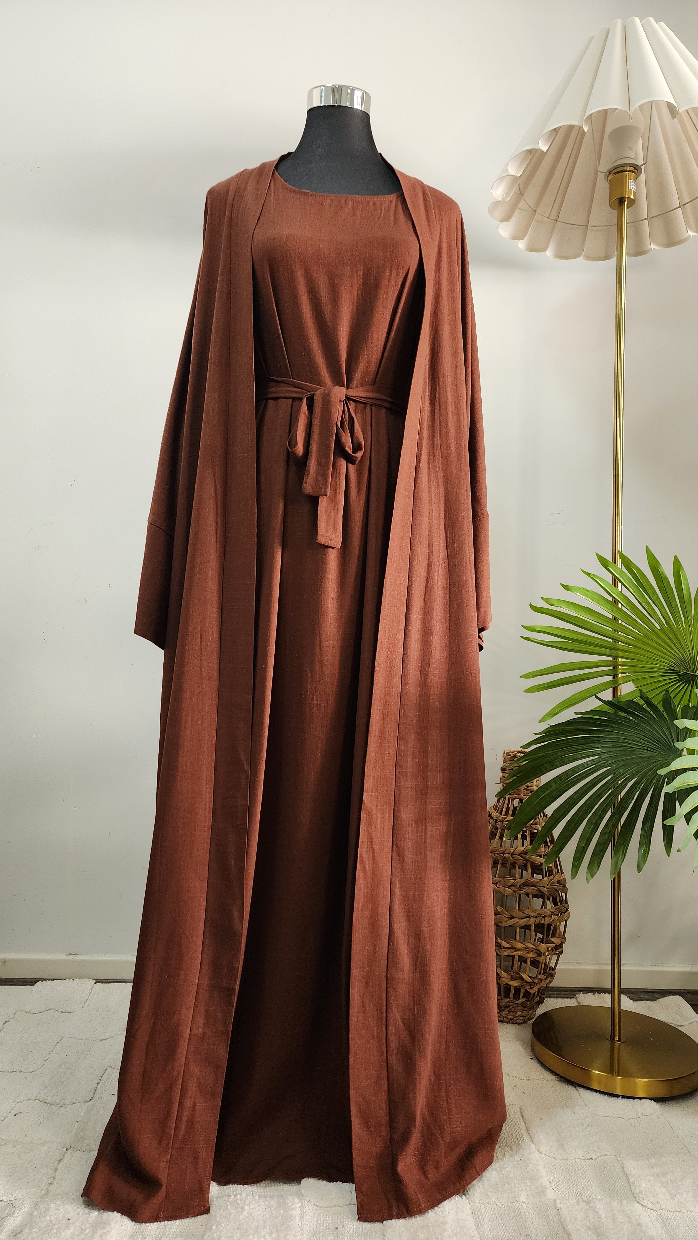 Coffee Two-Piece Linen Abaya Set – Modest Wear with Inner Dress & Open Abaya