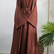 Coffee Two-Piece Linen Abaya Set – Modest Wear with Inner Dress & Open Abaya