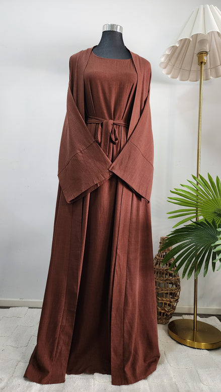 Coffee Two-Piece Linen Abaya Set – Modest Wear with Inner Dress & Open Abaya