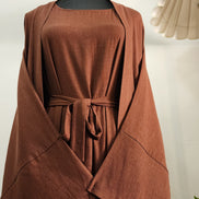 Coffee Two-Piece Linen Abaya Set – Modest Wear with Inner Dress & Open Abaya