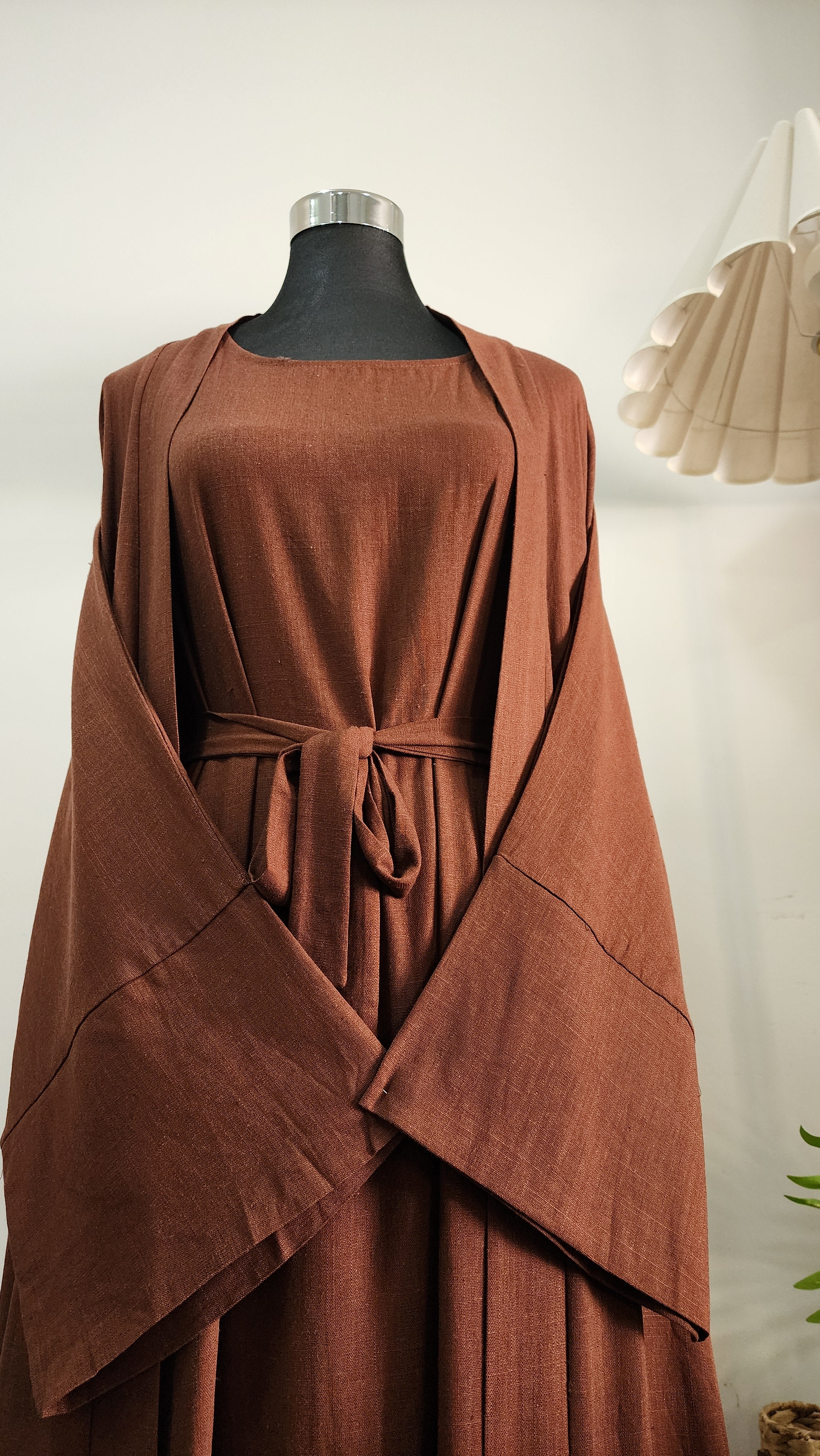 Coffee Two-Piece Linen Abaya Set – Modest Wear with Inner Dress & Open Abaya
