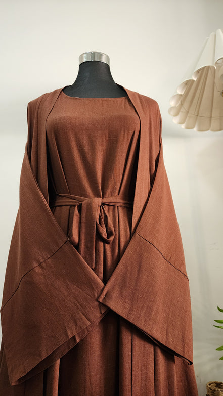Coffee Two-Piece Linen Abaya Set – Modest Wear with Inner Dress & Open Abaya