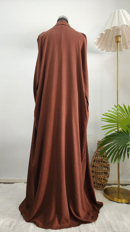 Coffee Two-Piece Linen Abaya Set – Modest Wear with Inner Dress & Open Abaya