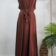 Coffee Two-Piece Linen Abaya Set – Modest Wear with Inner Dress & Open Abaya