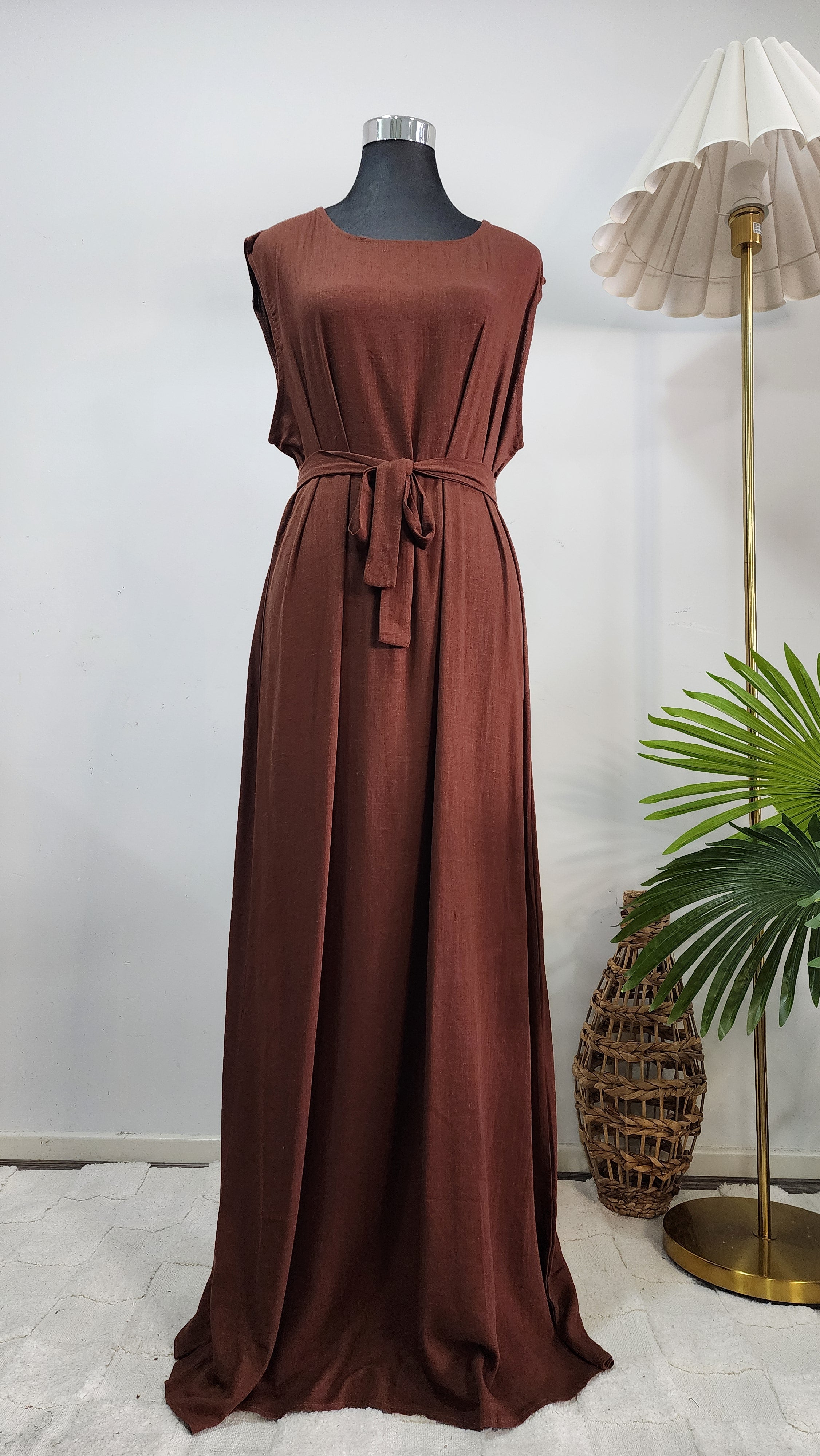 Coffee Two-Piece Linen Abaya Set – Modest Wear with Inner Dress & Open Abaya