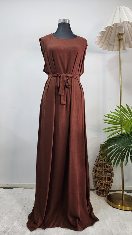 Coffee Two-Piece Linen Abaya Set – Modest Wear with Inner Dress & Open Abaya