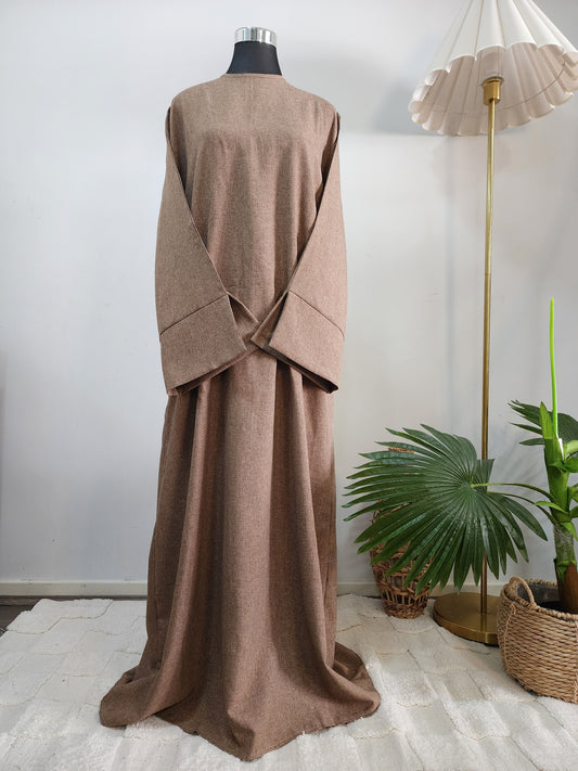 Brown Linen Abaya with Side Pockets – Minimalist Wide Sleeve Modest Dress