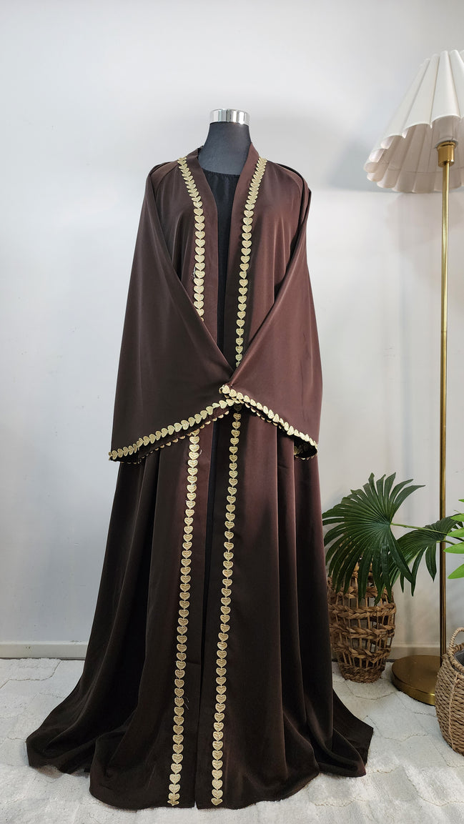 Brown front open Abaya with Heart detailing – Elegant Modest Wear