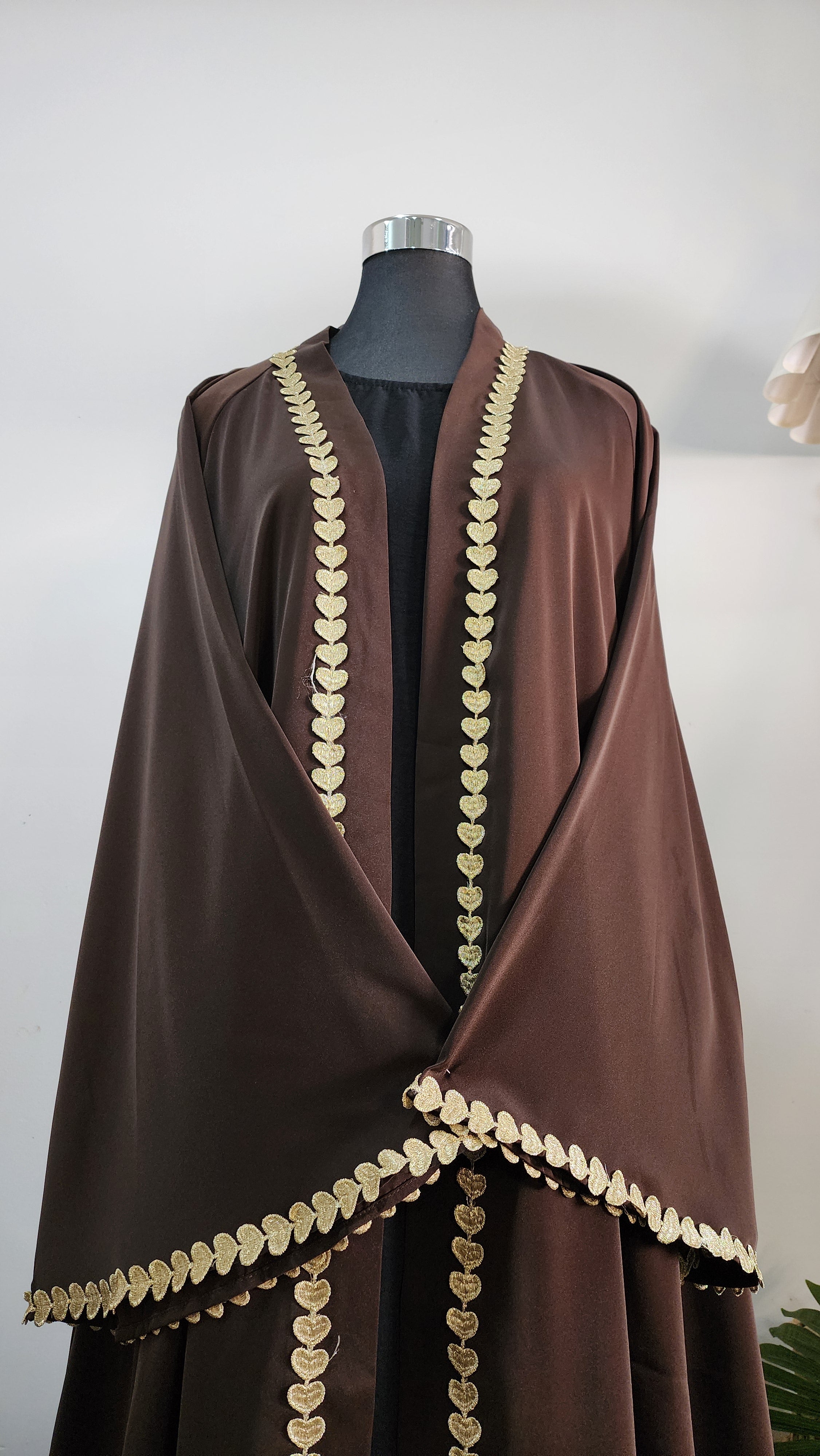 Brown front open Abaya with Heart detailing – Elegant Modest Wear