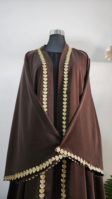 Brown front open Abaya with Heart detailing – Elegant Modest Wear