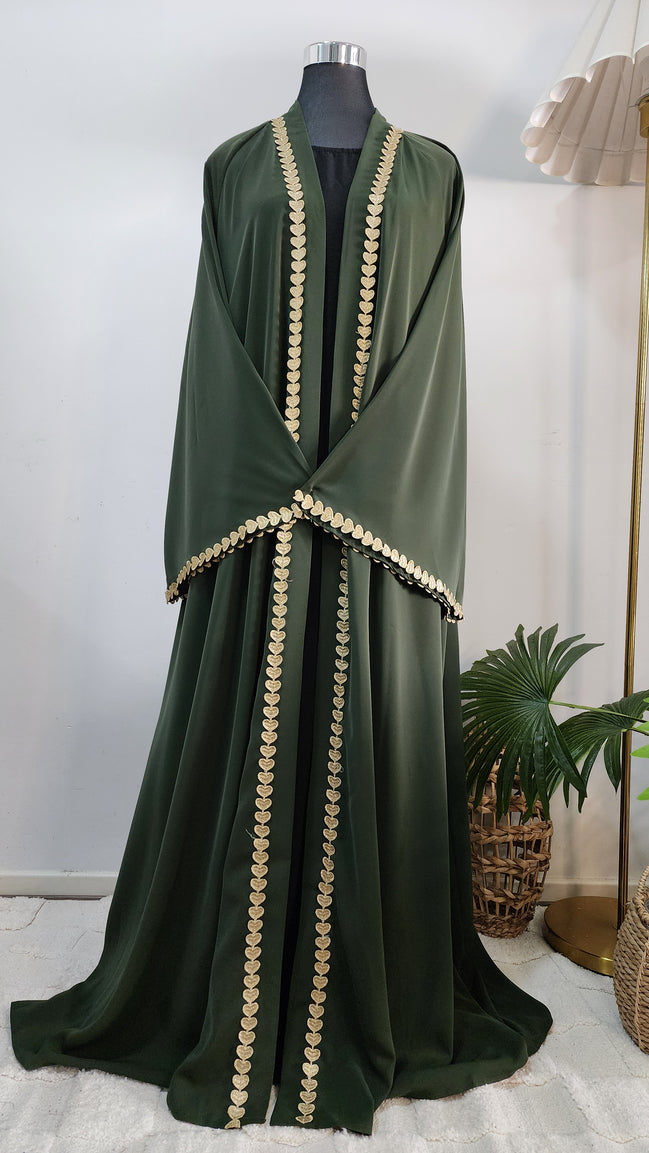 Green front open Abaya with Heart detailing – Elegant Modest Wear