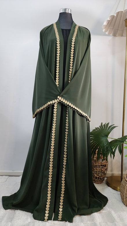 Green front open Abaya with Heart detailing – Elegant Modest Wear