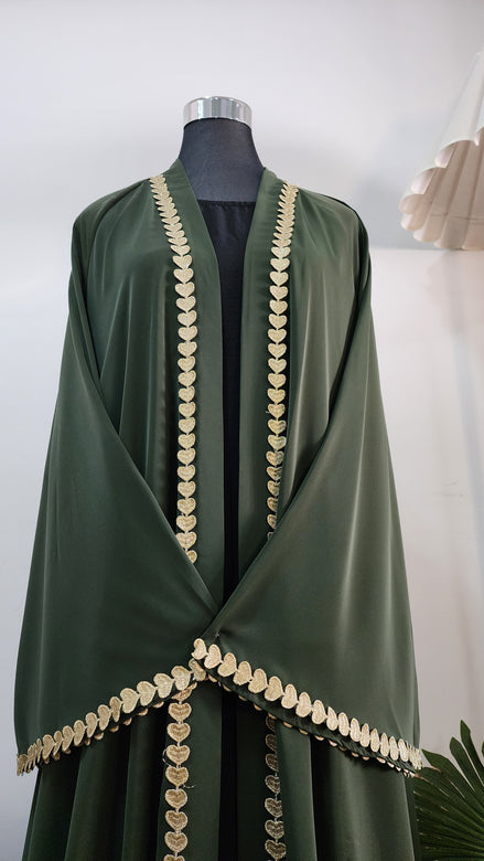 Green front open Abaya with Heart detailing – Elegant Modest Wear
