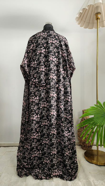 Black double layered Abaya with Floral Printed Cardigan– Elegant Modest Wear