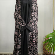 Black double layered Abaya with Floral Printed Cardigan– Elegant Modest Wear