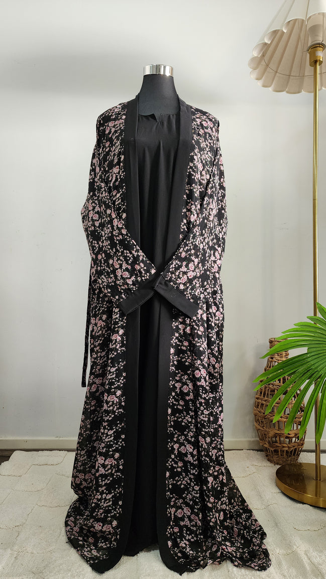 Black double layered Abaya with Floral Printed Cardigan– Elegant Modest Wear