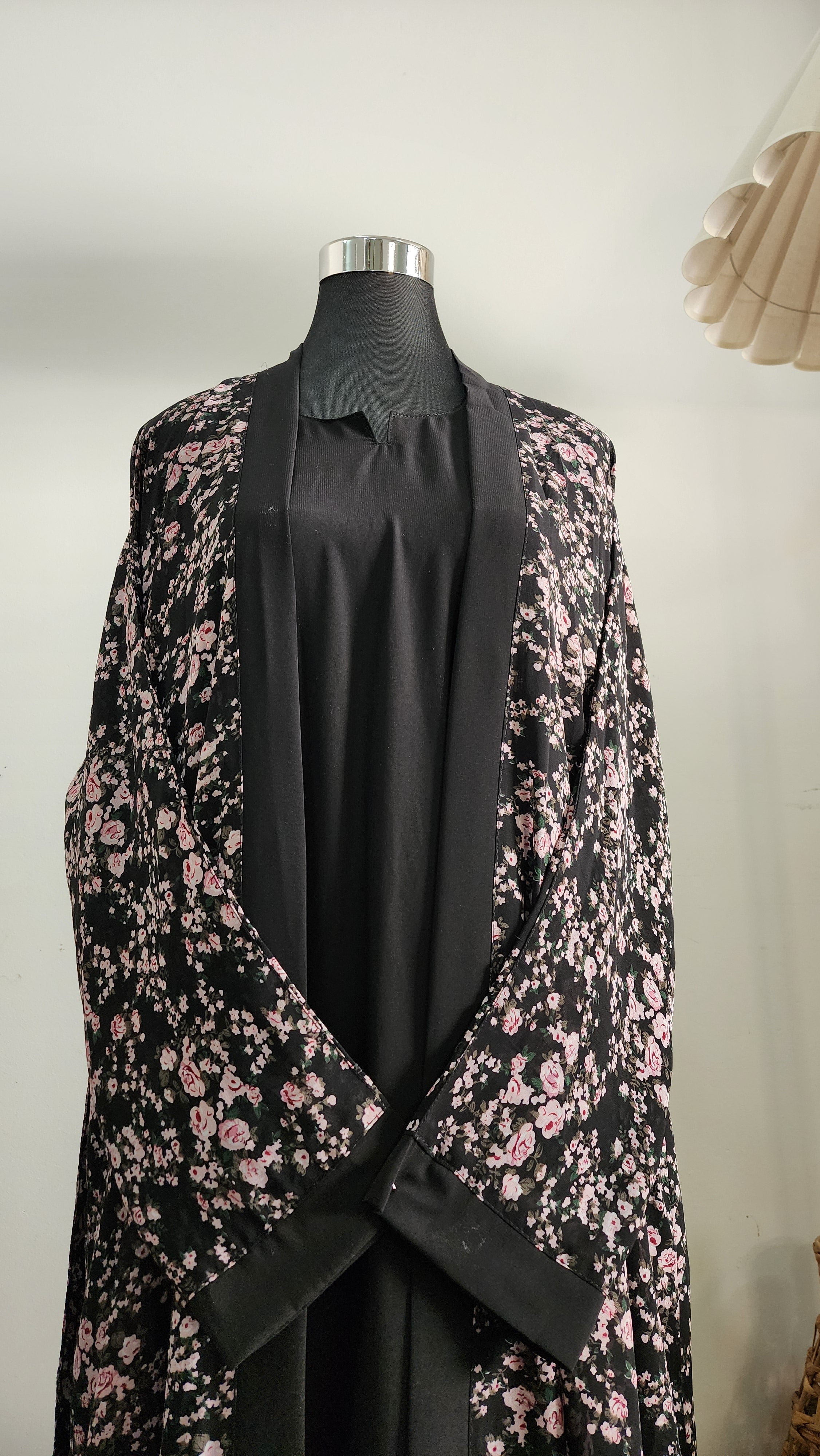 Black double layered Abaya with Floral Printed Cardigan– Elegant Modest Wear